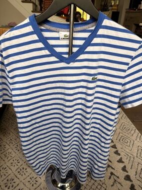 Lacoste Blue and White Striped V-Neck Tee